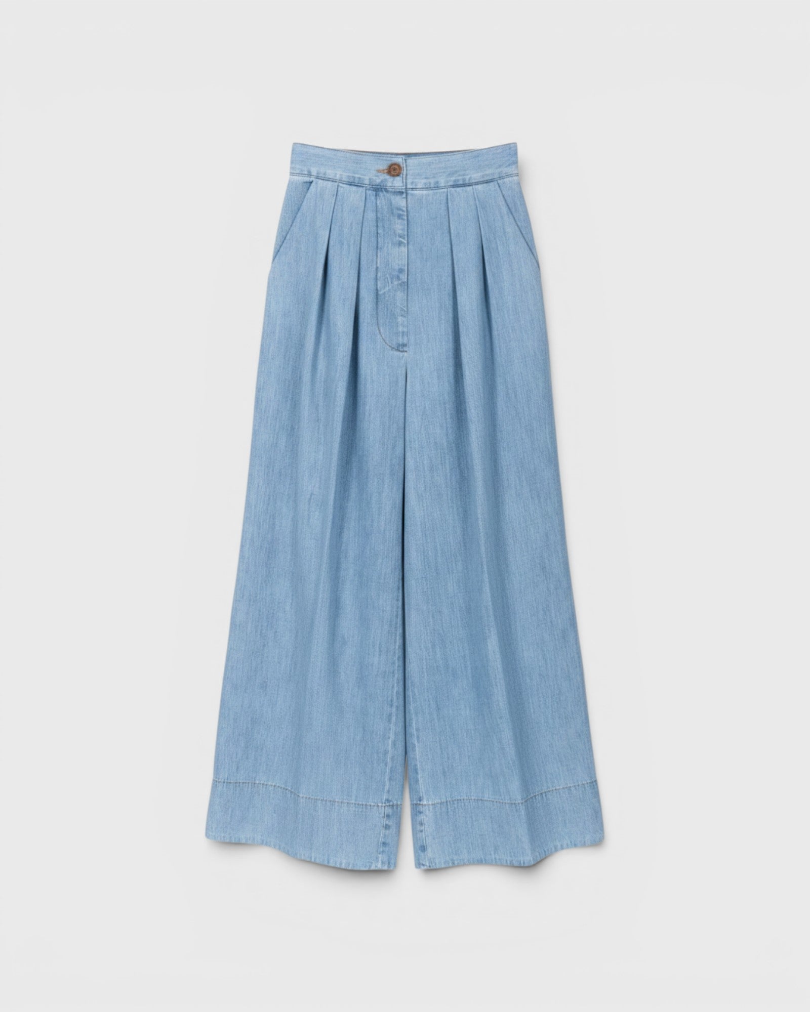 JONES + CO celeste blue organic cotton wide-leg trousers with front pleats and a high-waisted fit.