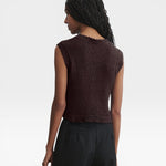 JONES + CO chocolate brown sleeveless crewneck top in textured cotton boucle with hand crocheted picot trim