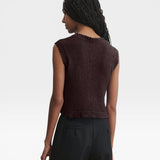 JONES + CO chocolate brown sleeveless crewneck top in textured cotton boucle with hand crocheted picot trim