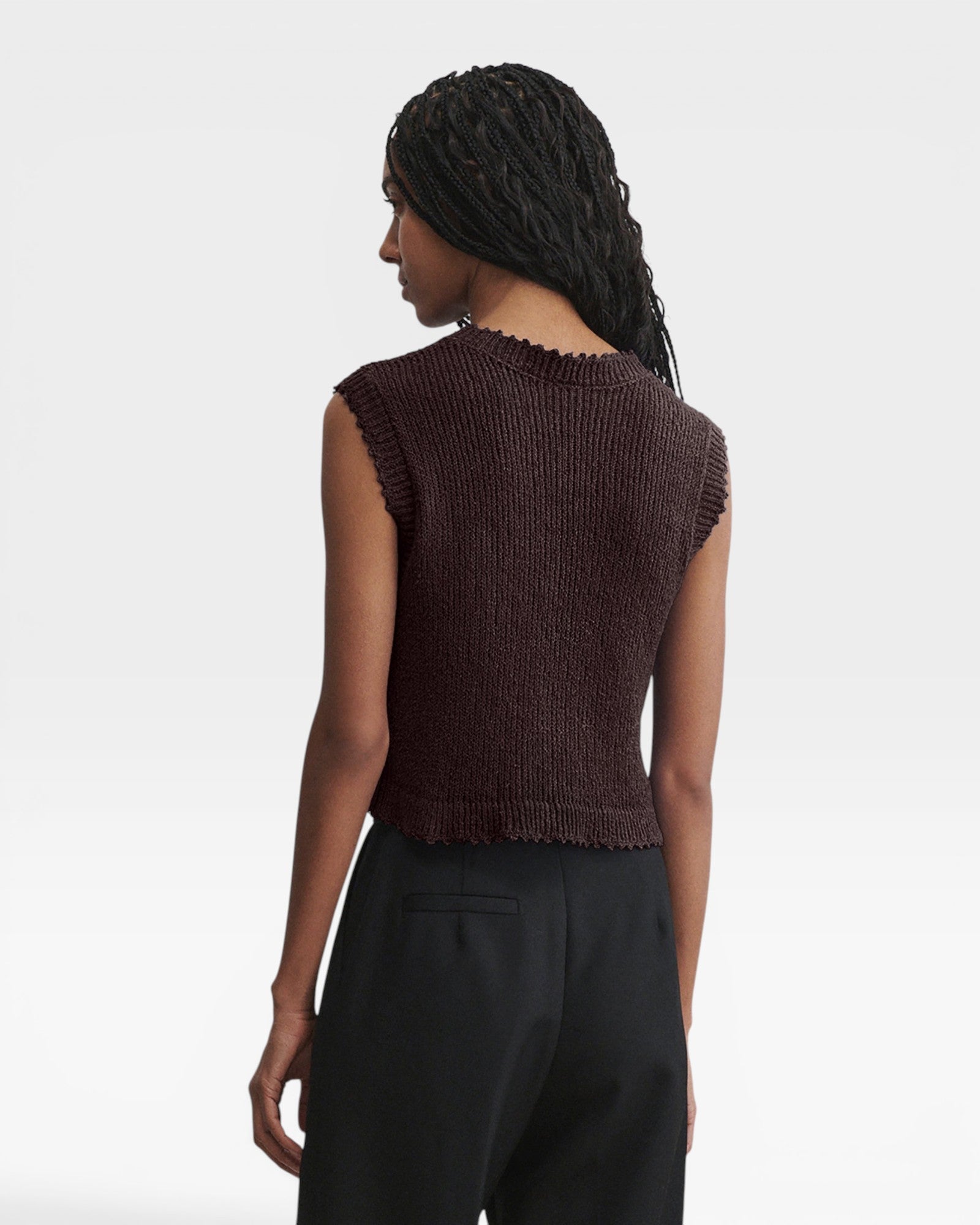 JONES + CO chocolate brown sleeveless crewneck top in textured cotton boucle with hand crocheted picot trim