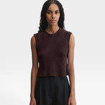 JONES + CO Relent sleeveless chocolate brown cotton boucle crewneck top with hand crocheted picot trim on a model
