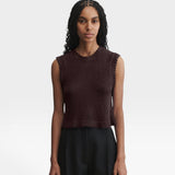 JONES + CO Relent sleeveless chocolate brown cotton boucle crewneck top with hand crocheted picot trim on a model