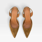 JONES + CO Sebastian slingback heels in cigar brown nappa leather with a pointed toe and elasticized back strap.