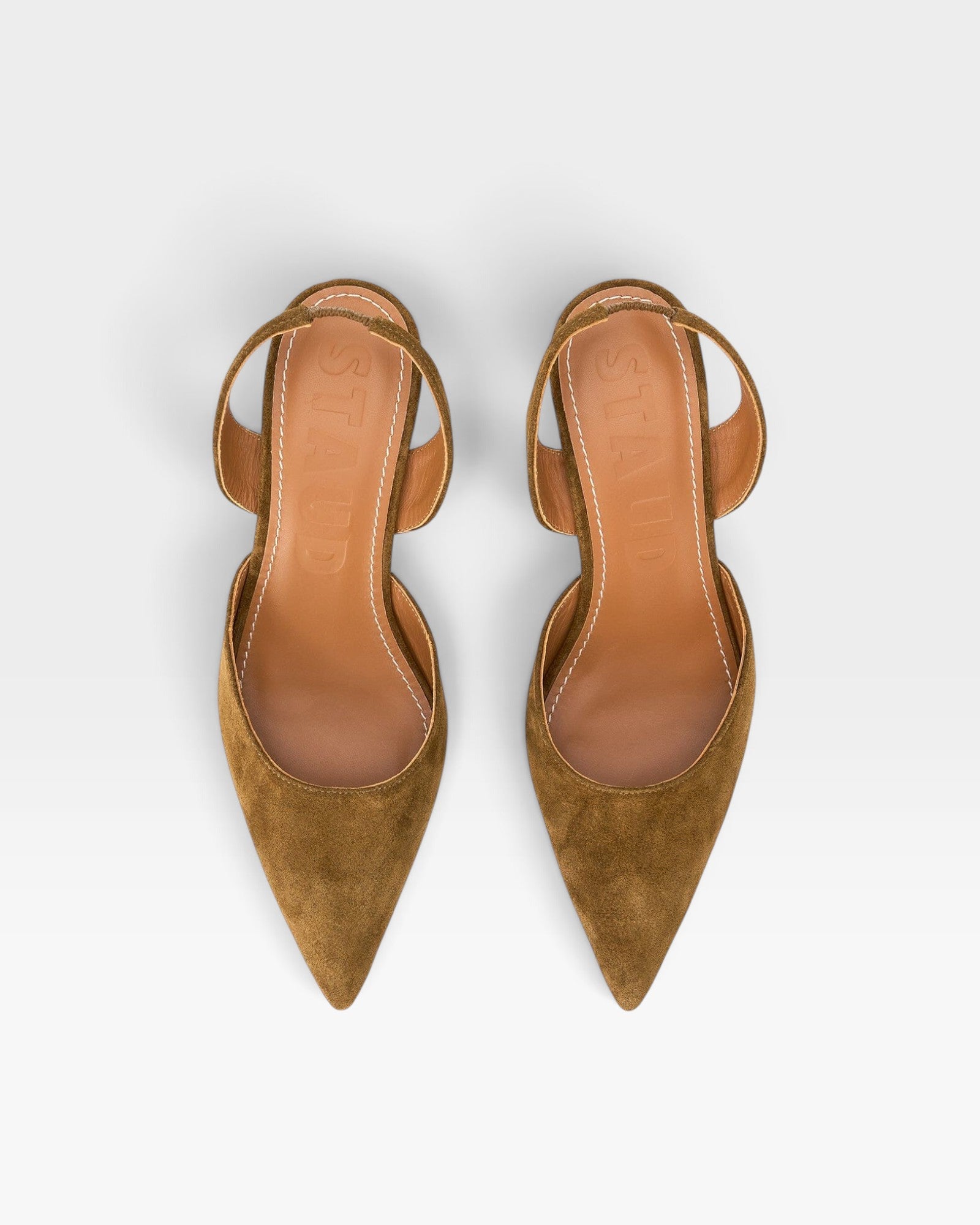 JONES + CO Sebastian slingback heels in cigar brown nappa leather with a pointed toe and elasticized back strap.