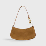 JONES + CO Ollie Bag in cigar brown suede with a crescent silhouette and mixed gold and silver metal link strap