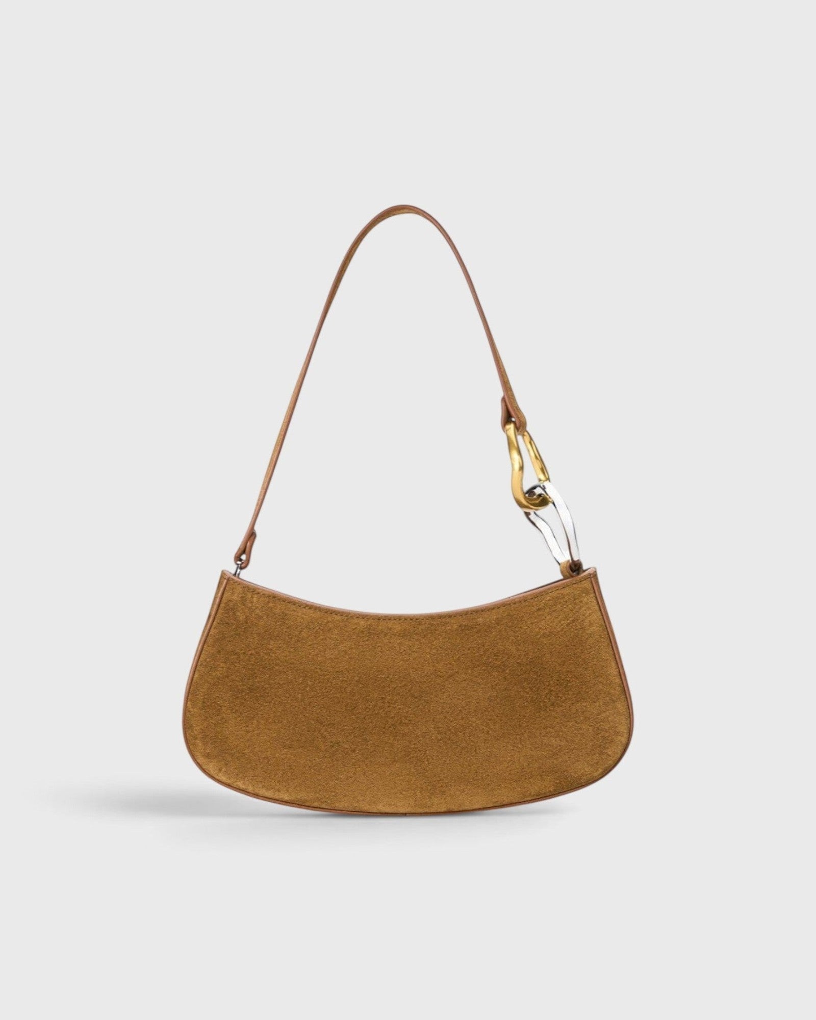 JONES + CO Ollie Bag in cigar brown suede with a crescent silhouette and mixed gold and silver metal link strap
