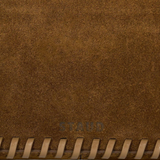 JONES + CO Harlow Bag in cigar brown suede featuring decorative leather whipstitch edging and embossed logo detail.
