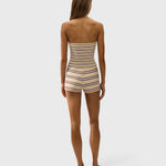 JONES + CO Playa mini shorts in Cila stripe butter knitwear with a ribbed elasticated waistband, back view.