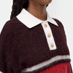 JONES + CO cinder brown alpaca-wool blend polo jumper with white cotton collar and button placket