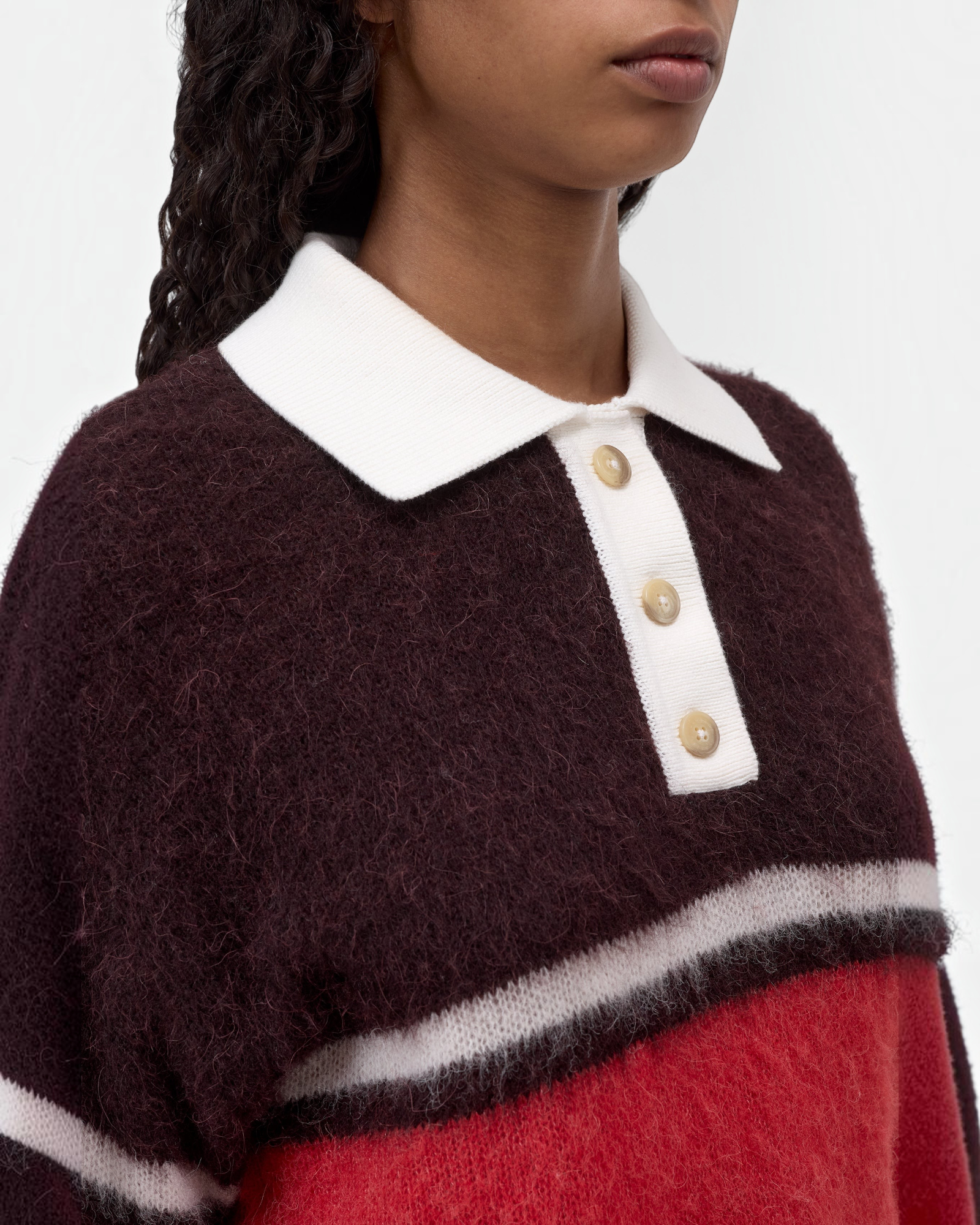 JONES + CO cinder brown alpaca-wool blend polo jumper with white cotton collar and button placket
