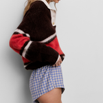 JONES + CO relaxed fit polo jumper in cinder brown and red alpaca-wool blend with a white cotton collar