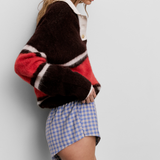 JONES + CO relaxed fit polo jumper in cinder brown and red alpaca-wool blend with a white cotton collar