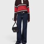 JONES + CO polo jumper in cinder brown and red rugby stripes with a white cotton collar and fluffy alpaca-wool blend.