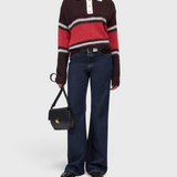 JONES + CO polo jumper in cinder brown and red rugby stripes with a white cotton collar and fluffy alpaca-wool blend.