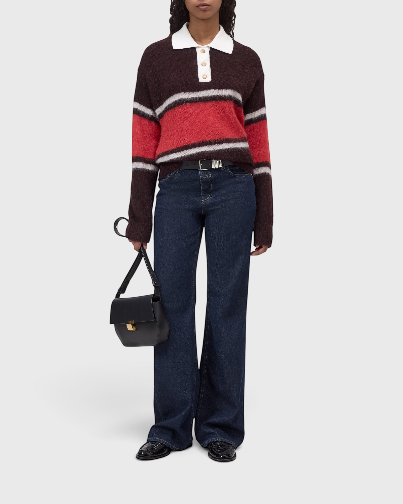 JONES + CO polo jumper in cinder brown and red rugby stripes with a white cotton collar and fluffy alpaca-wool blend.
