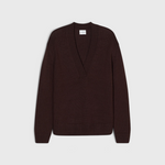 JONES + CO cinder brown wool-blend jumper with a deep V-neck, relaxed fit, and ribbed trims.