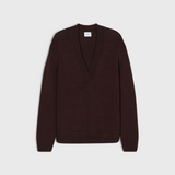 JONES + CO cinder brown wool-blend jumper with a deep V-neck, relaxed fit, and ribbed trims.