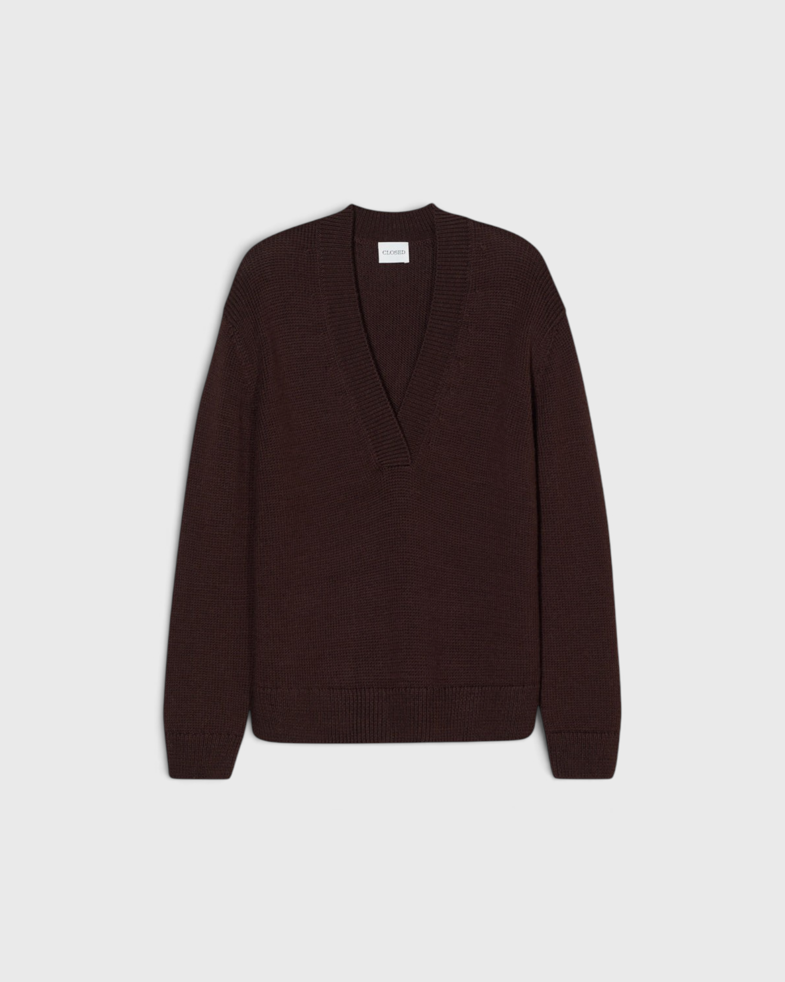 JONES + CO cinder brown wool-blend jumper with a deep V-neck, relaxed fit, and ribbed trims.