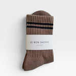 JONES + CO cocoa brown Boyfriend Socks with black double stripes and ribbed texture, featuring a sporty vintage design.