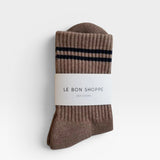 JONES + CO cocoa brown Boyfriend Socks with black double stripes and ribbed texture, featuring a sporty vintage design.