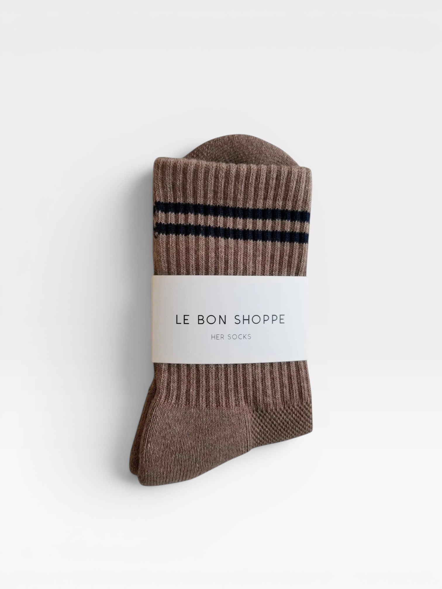 JONES + CO cocoa brown Boyfriend Socks with black double stripes and ribbed texture, featuring a sporty vintage design.