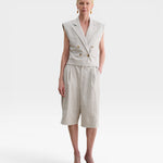 JONES + CO Comeau double-breasted grey speckled vest with peak lapels worn with matching tailored shorts