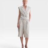 JONES + CO Comeau double-breasted grey speckled vest with peak lapels worn with matching tailored shorts