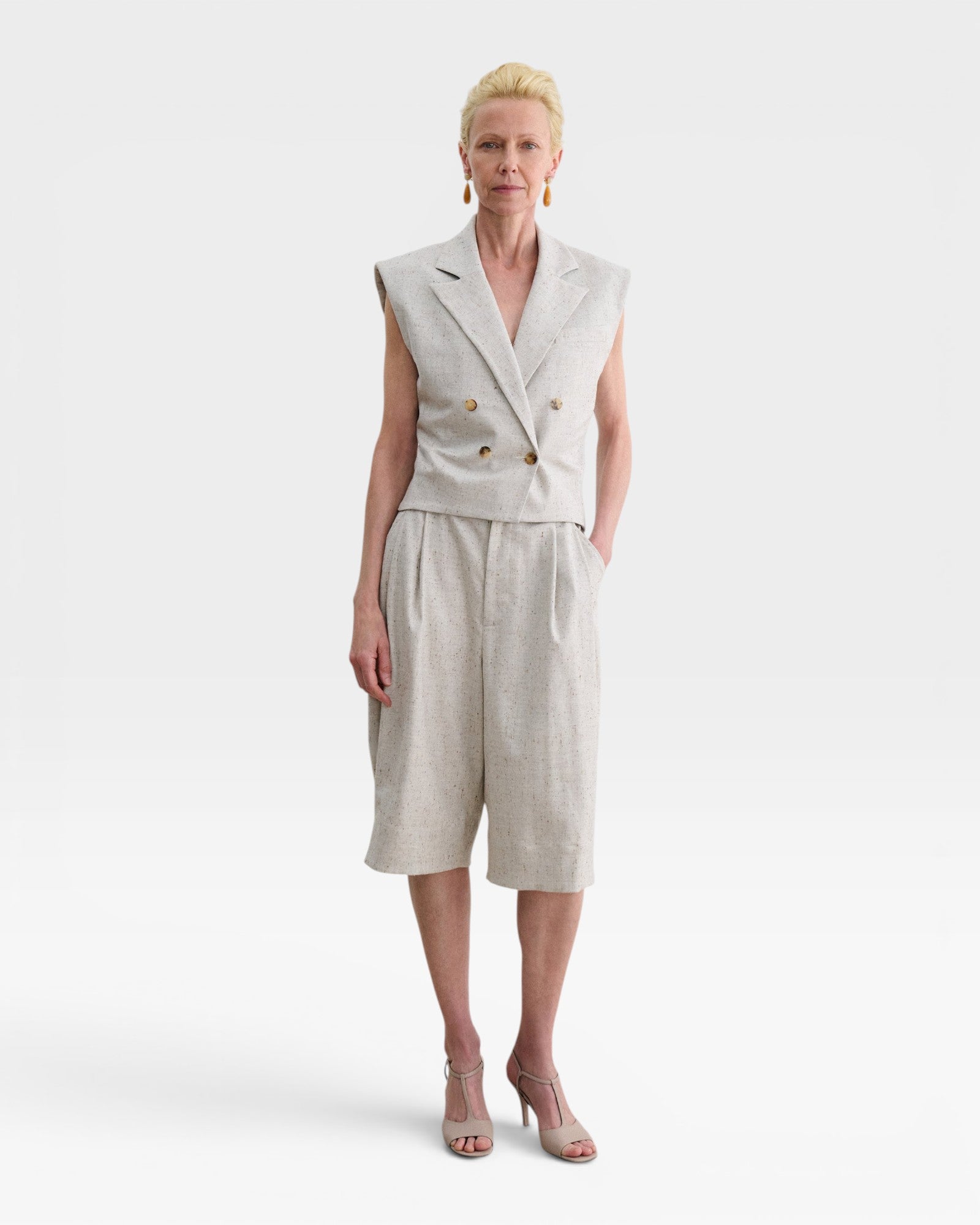 JONES + CO Comeau double-breasted grey speckled vest with peak lapels worn with matching tailored shorts