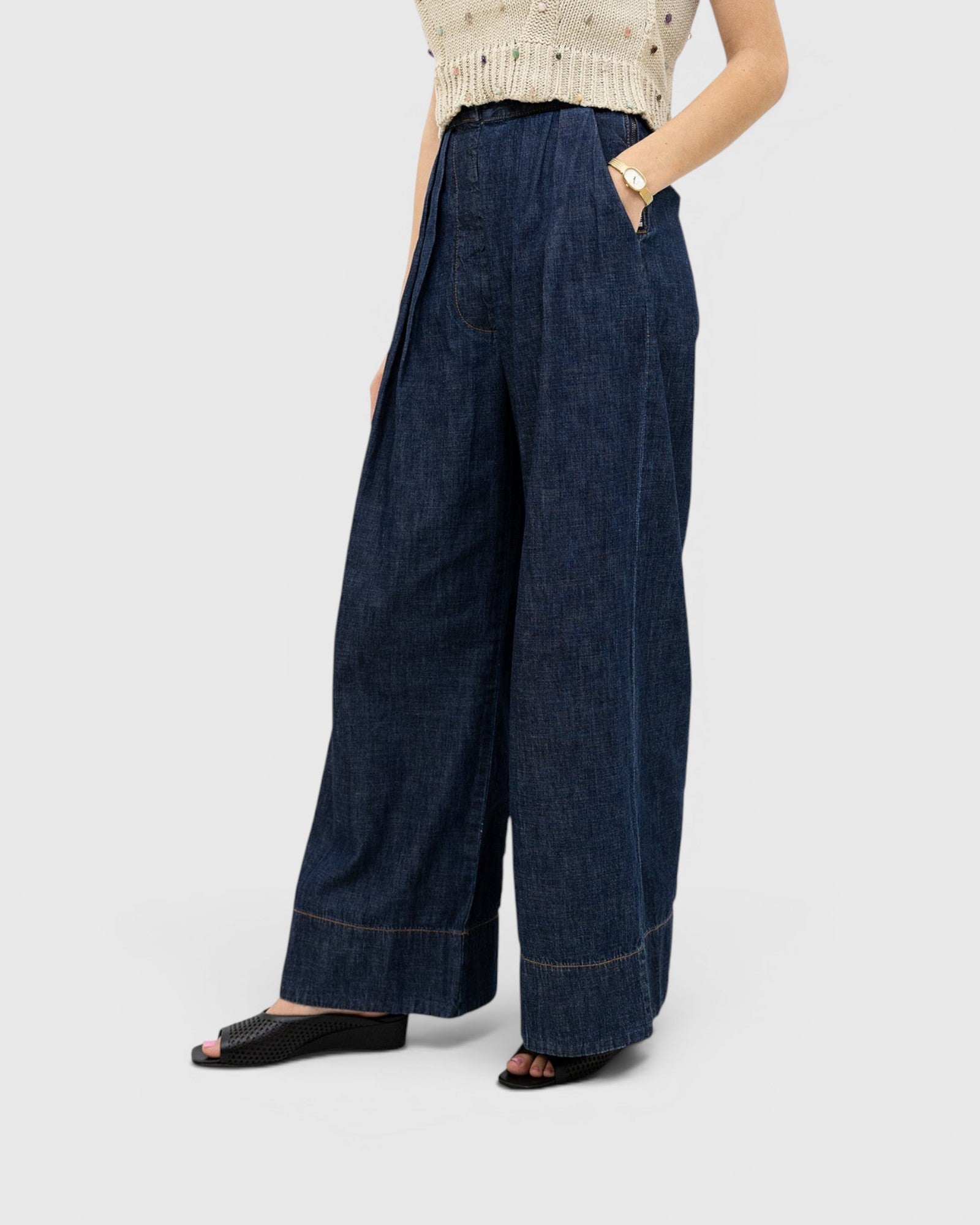 JONES + CO Coxsone high-waisted wide-leg trousers in dark indigo washed denim with pleated front detail