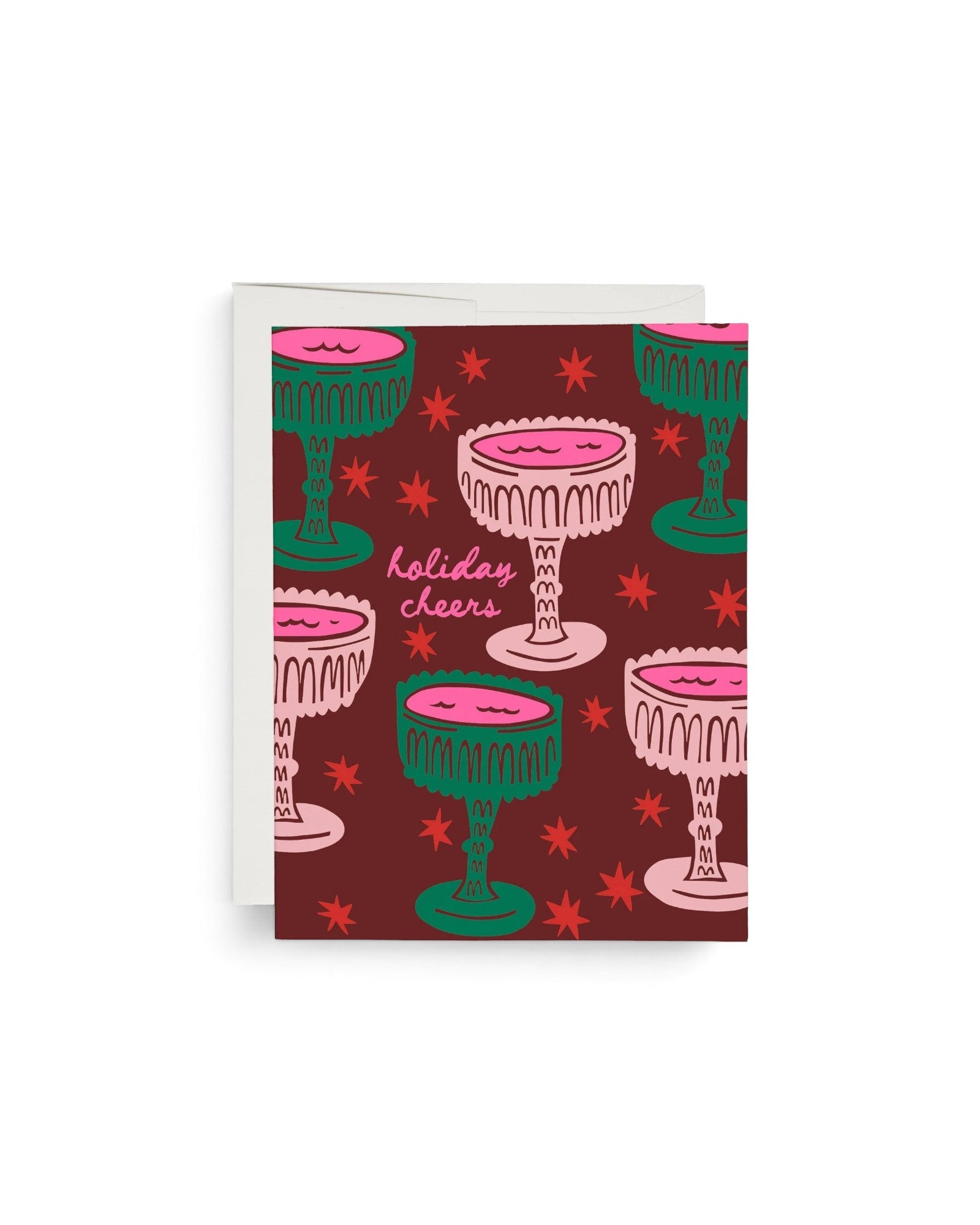 JONES + CO Crystal Cheers greeting card featuring pink and green cocktail glass illustrations on a dark red background