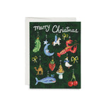 JONES + CO Curious Trimmings Christmas card featuring whimsical ornaments on a dark green background with foil accents.