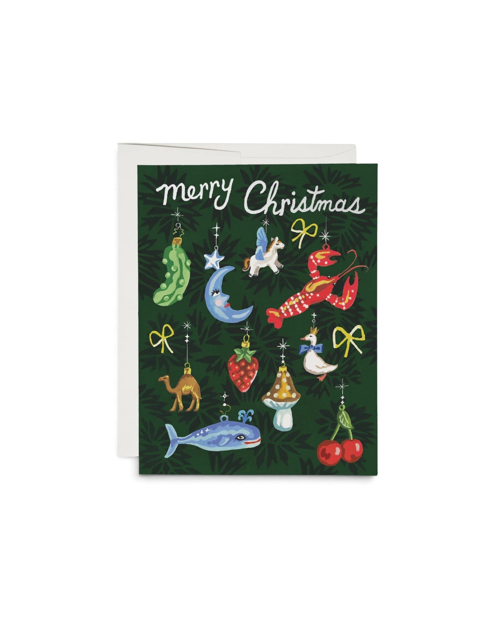 JONES + CO Curious Trimmings Christmas card featuring whimsical ornaments on a dark green background with foil accents.