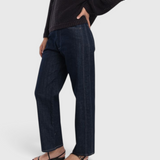 JONES + CO dark indigo high-rise relaxed-fit jeans with outseam piecing and a rounded leg shape on a model