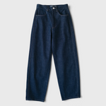 JONES + CO dark indigo high-rise relaxed-fit jeans with outseam piecing and a rounded leg silhouette.