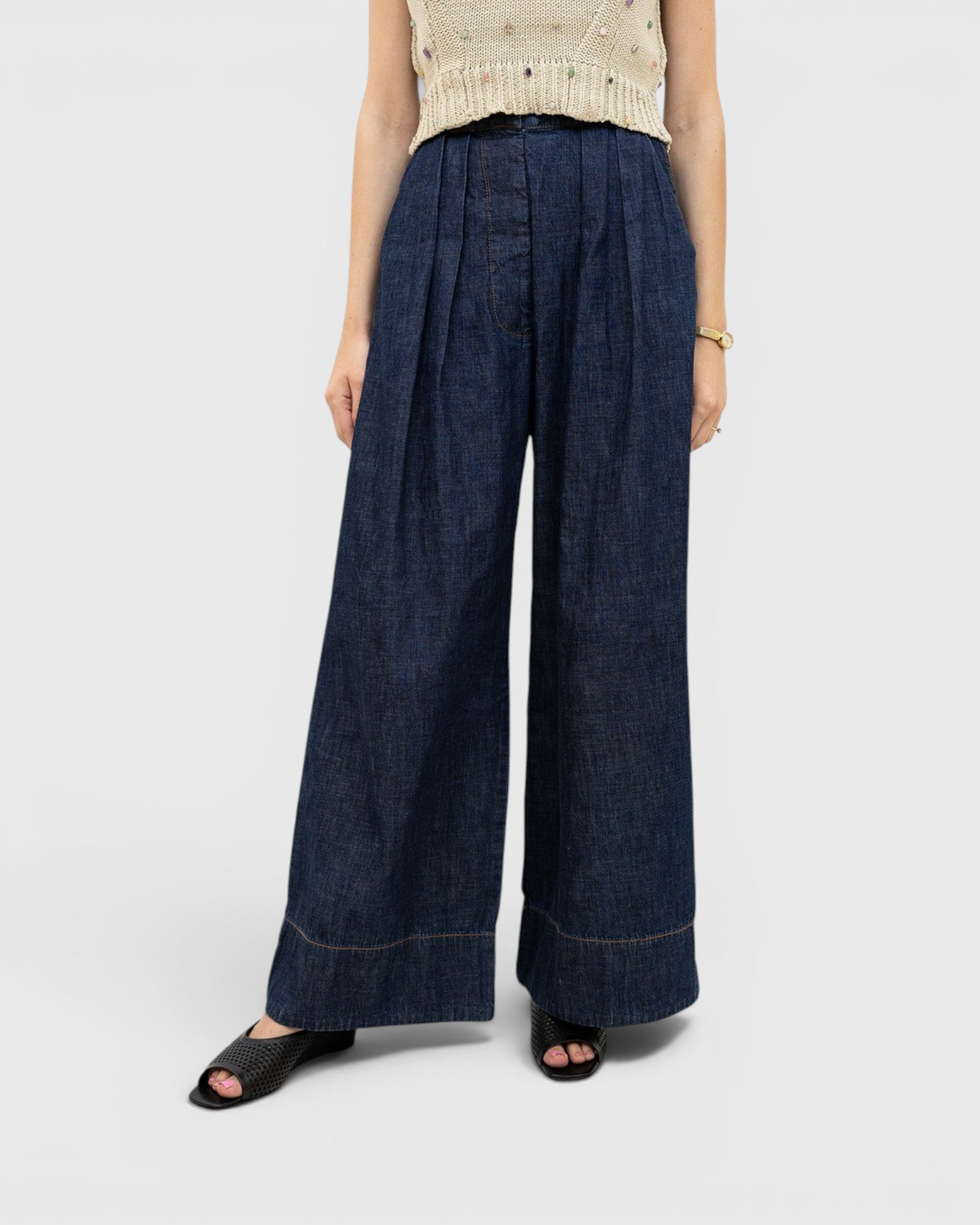 JONES + CO Coxsone high-waisted wide-leg trousers in dark indigo washed denim with front pleats