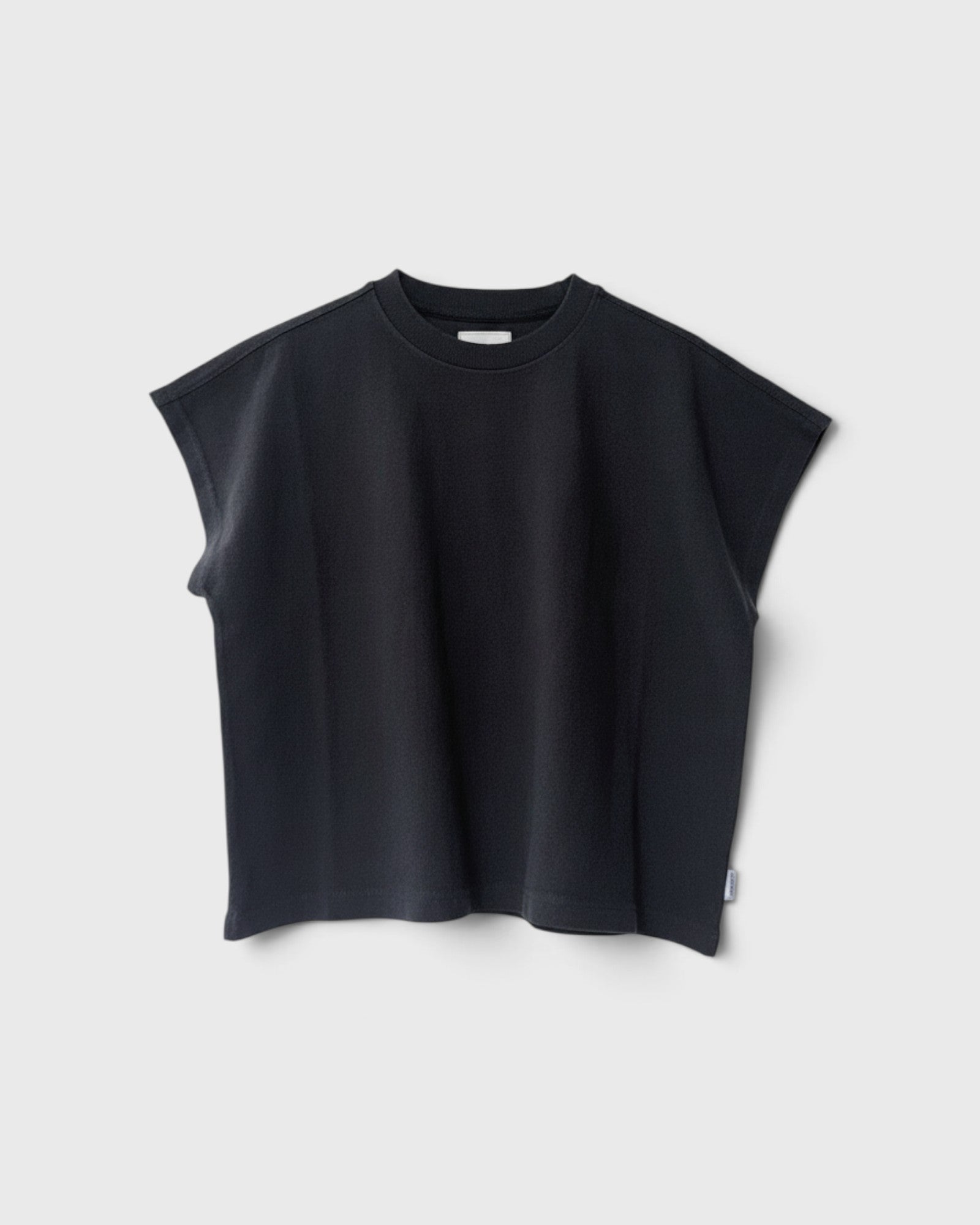 JONES + CO Jeanne muscle tee in dark slate with a high crew neck, wide neckband, and dolman sleeves.