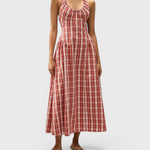 JONES + CO Del Rose midi dress in terra rosso check cotton with halterneck, front tie, and flattering V-waistline.