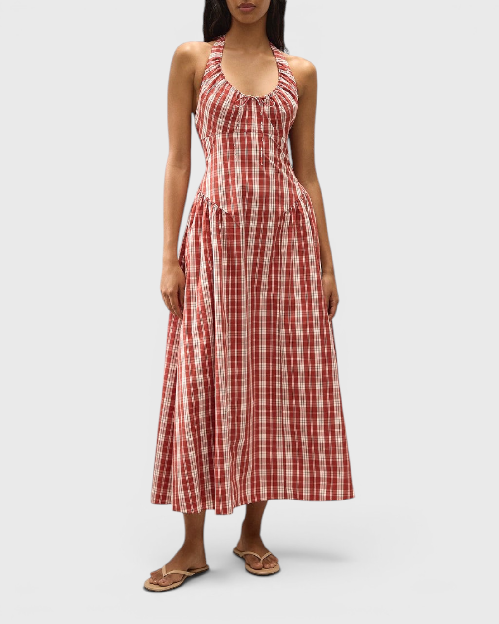 JONES + CO Del Rose midi dress in terra rosso check cotton with halterneck, front tie, and flattering V-waistline.