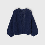 JONES + CO chunky denim blue alpaca bomber cardigan featuring a textured pearl knit pattern and relaxed fit.