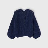 JONES + CO chunky denim blue alpaca bomber cardigan featuring a textured pearl knit pattern and relaxed fit.