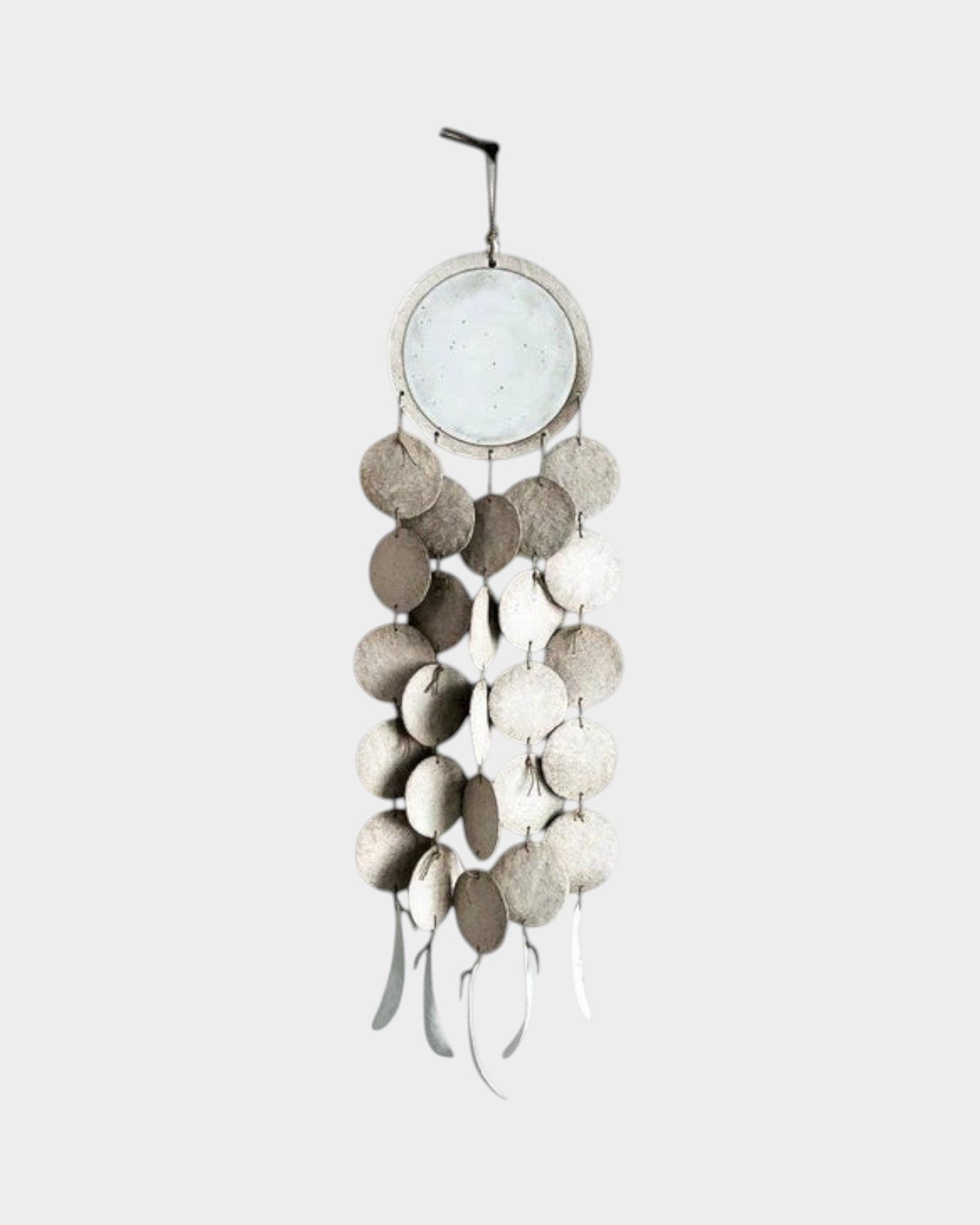 JONES + CO Dreamweaver wall hanging in Full Moon White, featuring stoneware discs, porcelain, and hemp rope details.
