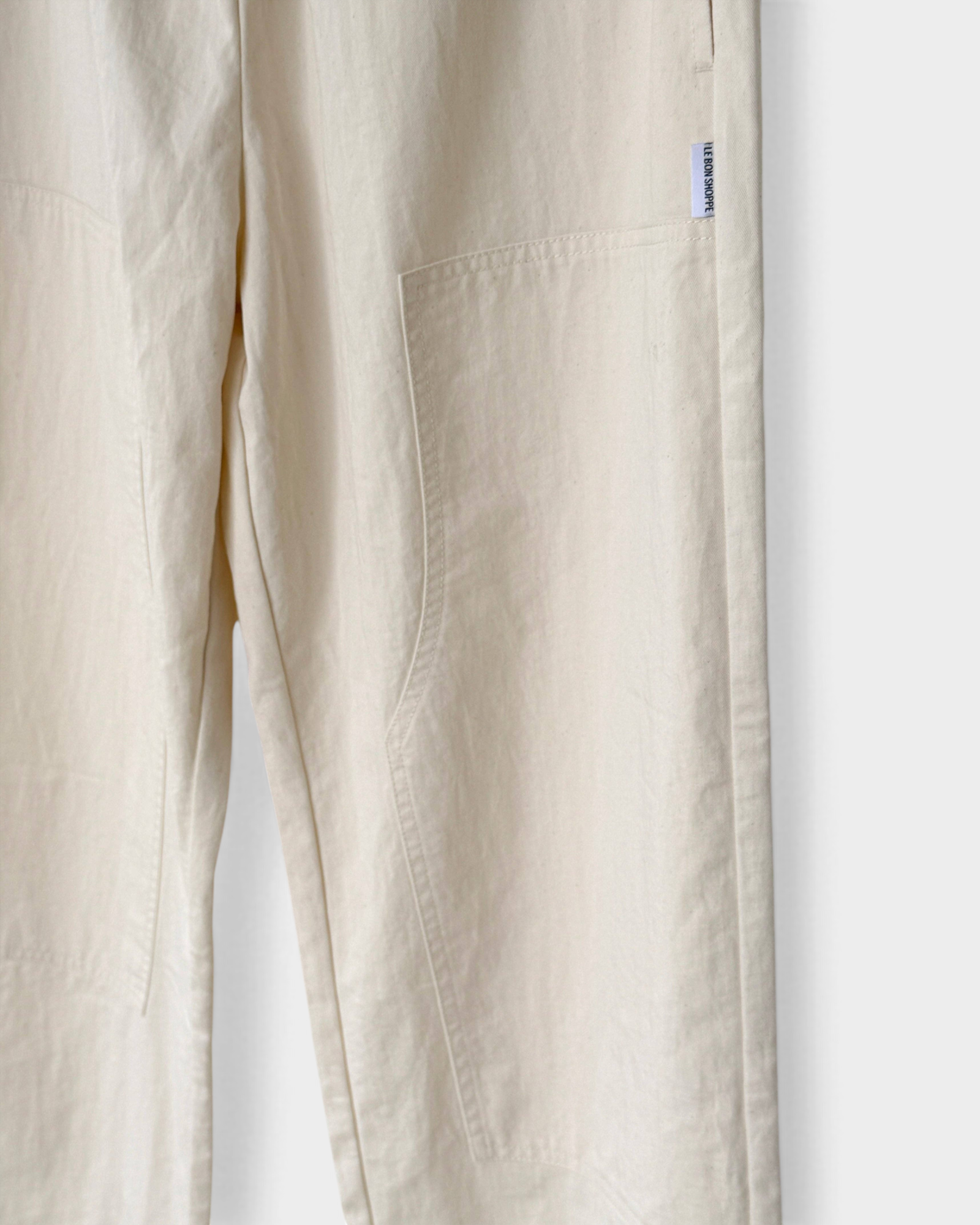 JONES + CO Gardener's Pants in ecru cotton-nylon with carpenter-style front patch pockets and a relaxed fit.