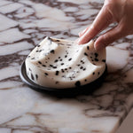 JONES + CO Erode Soap in White Grapefruit, a sculptural white bar with black botanical specks on a dark dish.