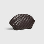 JONES + CO Elin Pouch in espresso brown braided calfskin with a zip closure and woven texture.