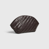 JONES + CO Elin Pouch in espresso brown braided calfskin with a zip closure and woven texture.