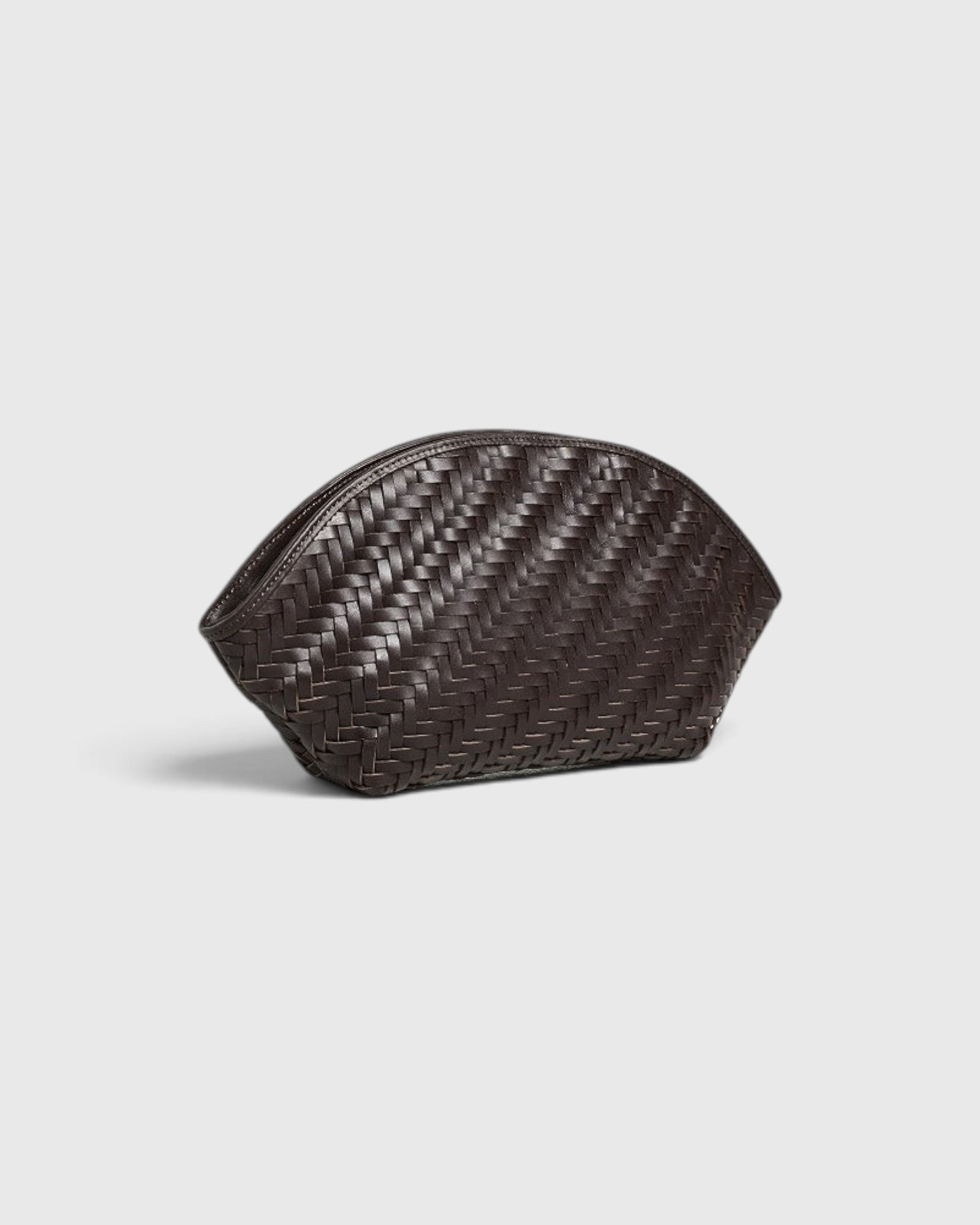 JONES + CO Elin Pouch in espresso brown braided calfskin with a zip closure and woven texture.