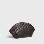 JONES + CO Elin Pouch in espresso brown braided calfskin with a zip closure and woven texture.