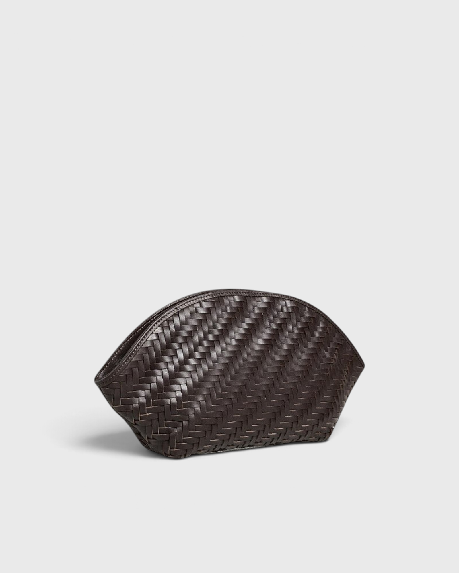 JONES + CO Elin Pouch in espresso brown braided calfskin with a zip closure and woven texture.