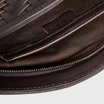 JONES + CO Elin Pouch in espresso brown braided calfskin with a zip closure and interior card slot detail