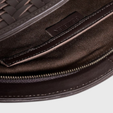 JONES + CO Elin Pouch in espresso brown braided calfskin with a zip closure and interior card slot detail